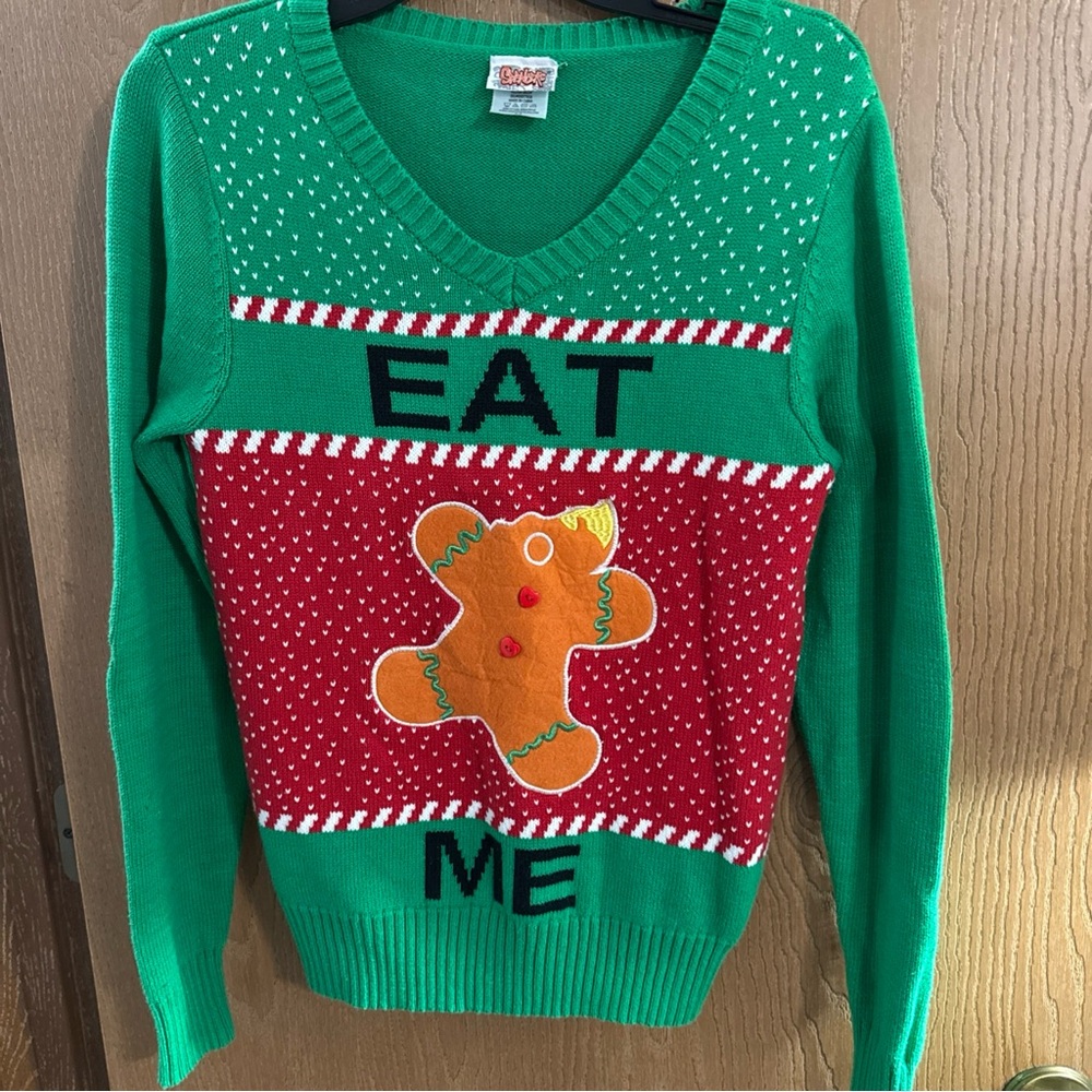 Spencer's Eat Me No Head Gingerbread Man Hollidays Sweater Women's Size MD Heart